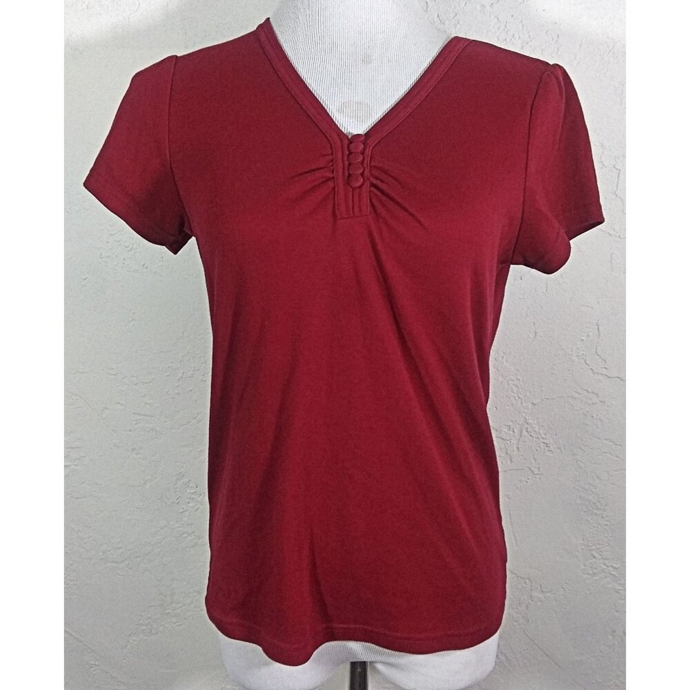 Crystal Kobe Top Medium Red V Neck Short Sleeve Casual Tee Shirt